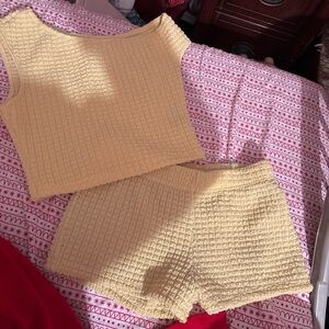 Yellow Waffle Knit Crop Top and Shorts Set
